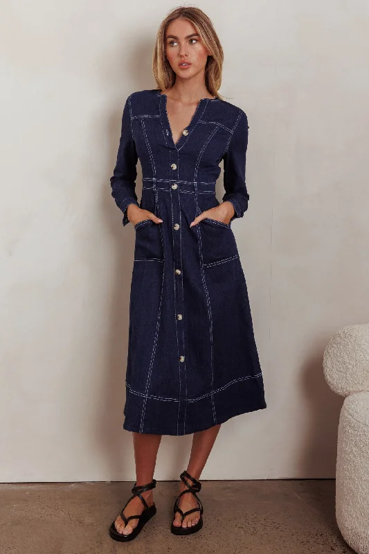 Aspen Love Front Pocket Long Sleeve Midi Dress Indigo