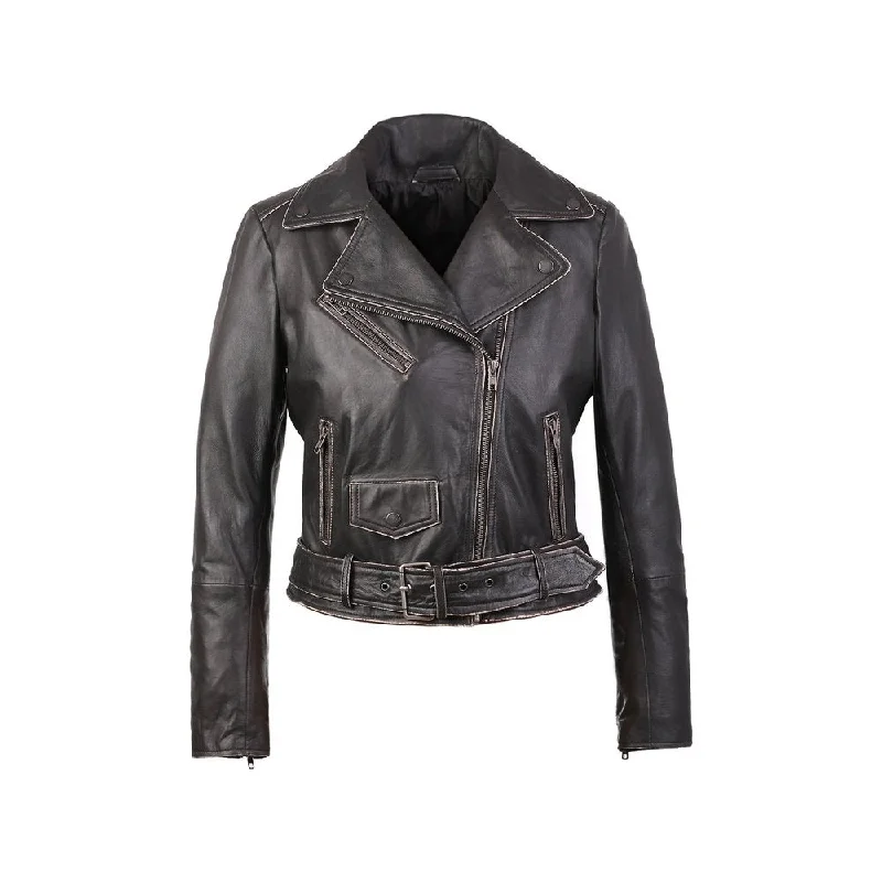 Carla Womens Distressed Short Biker Leather Jacket