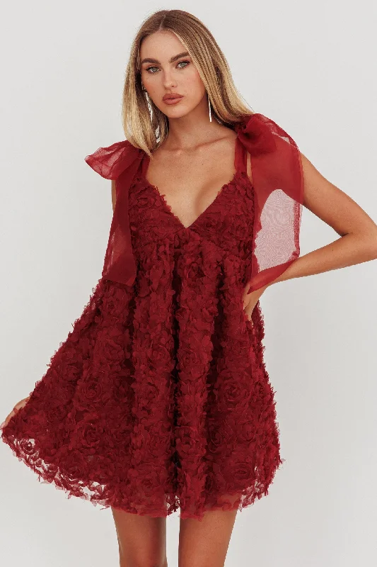 Lisette Tied Shoulder Embellished Mini Dress Wine