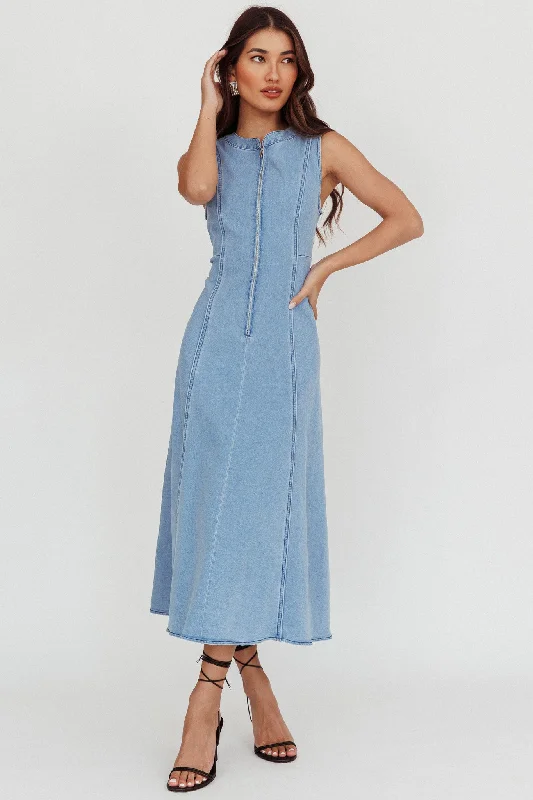 Passionate Flame Sleeveless A-line Midi Dress Denim Blue