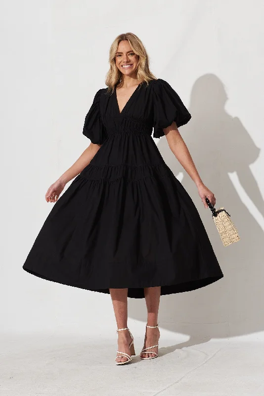 Amalie Midi Dress In Black Cotton