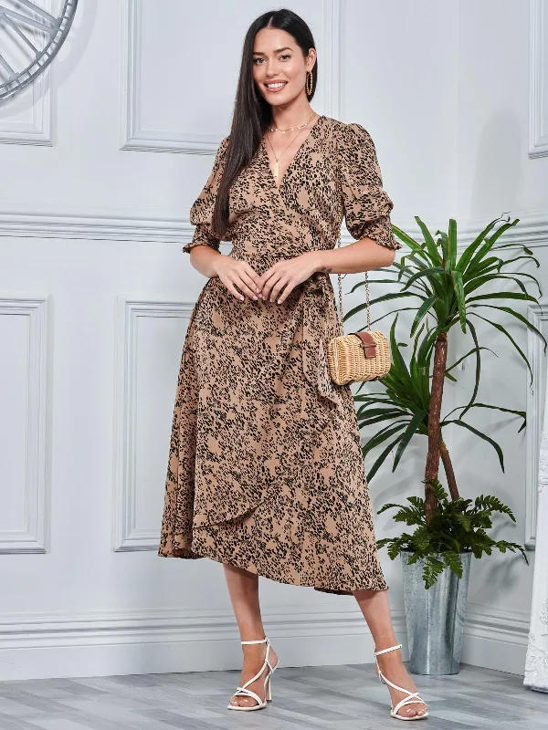 Animal Print Crepe Wrap Midi Dress, Stone