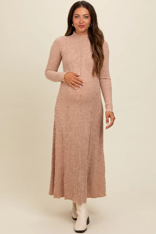 Beige Ribbed Exposed Seam Mock Neck Maternity Dress