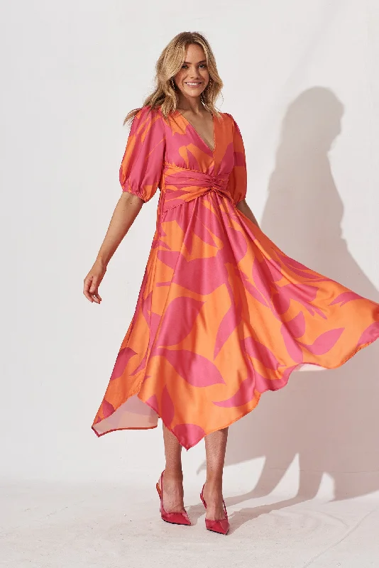 Bloomin Midi Dress In Pink With Orange Leaf