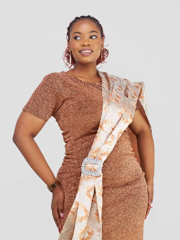 Bold N chic Shimmer Dress With Brocade Tail - Brown