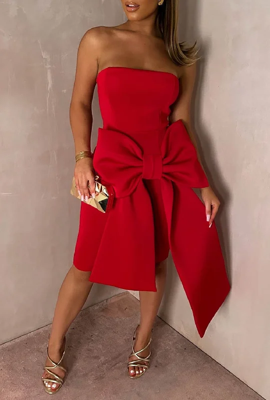 Classy Dream Red Bandeau Bow Skirt Midi Dress