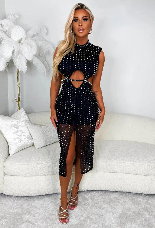 Dazzled By Pearls Black Embellished Sleeveless Mesh Lined Midi Dress