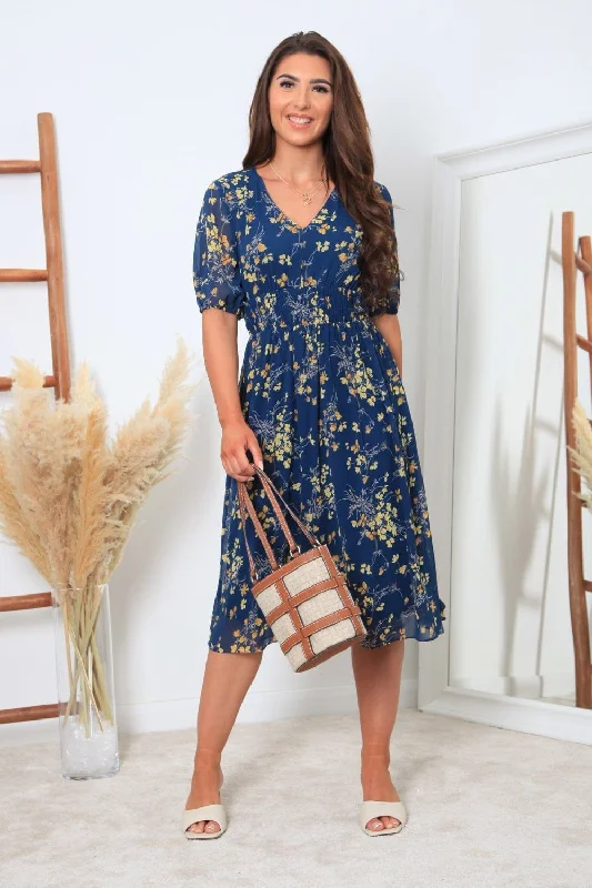 Double Second Navy Chiffon V-Neck Shirred Waist Dress