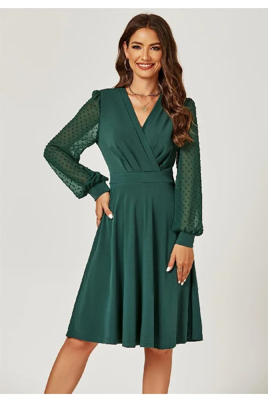 FS Collection Long Chiffon Sleeve Pleated Midi Dress In Dark Green