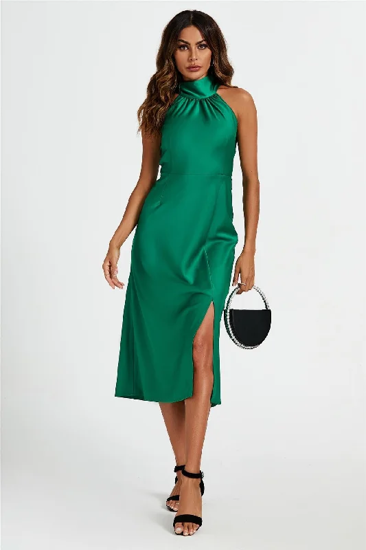 FS Collection Satin Halter Neck Tie Back Midi Dress In Green