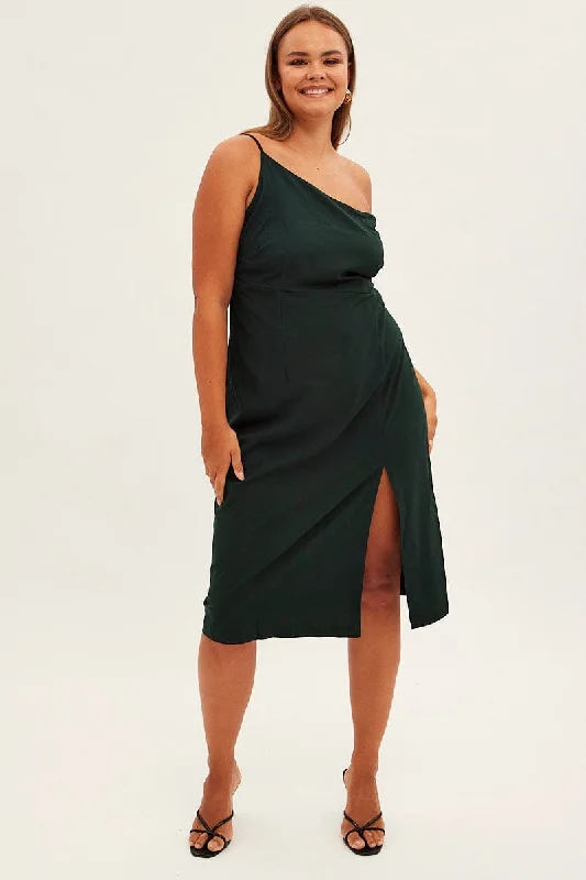 Green Midi Dress Asymmetrical Shoulder