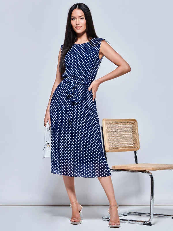 Hayes Pleated Chiffon Midi Dress, Navy Spot