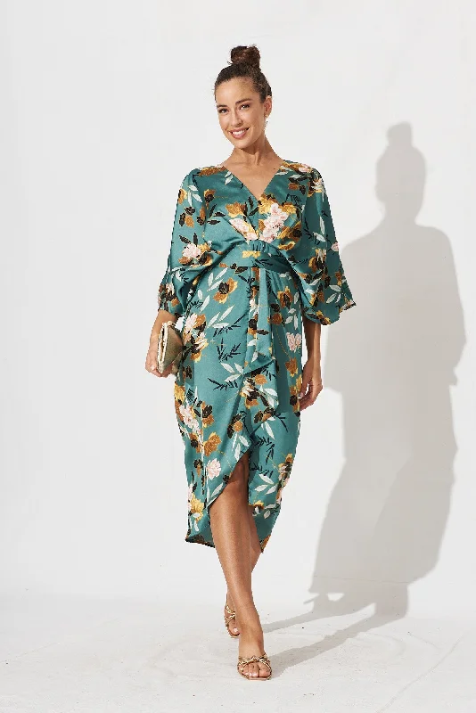 Joyful Midi Dress In Green With Blush Floral Satin