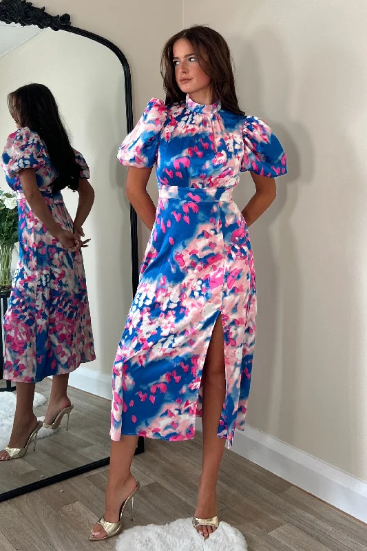 Lilith Puff Sleeve High Neck Midi Dress Blue Pink Print