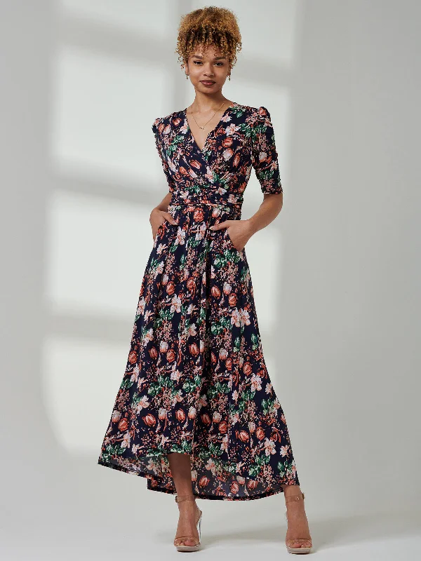 Maanasi Ruched Sleeve Jersey Maxi Dress, Navy Floral