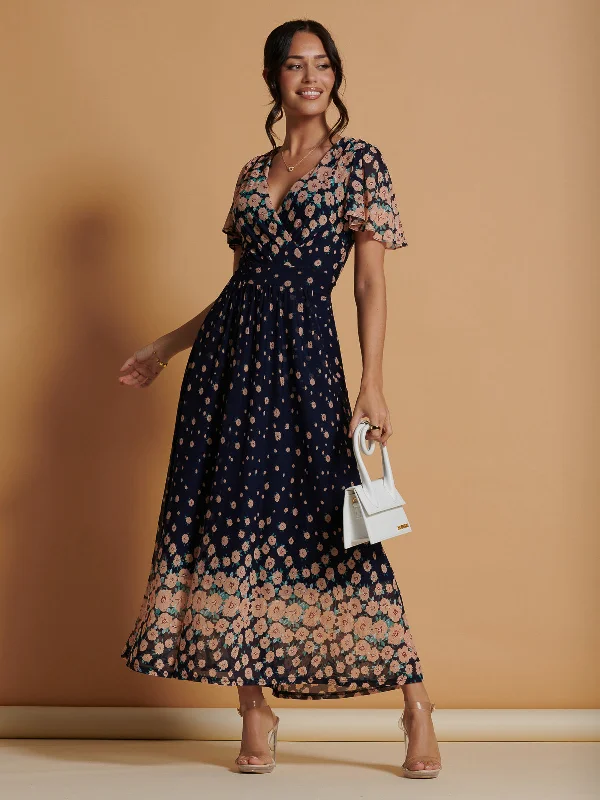 Mirrored Mesh Angel Sleeve Maxi Dress, Navy Floral