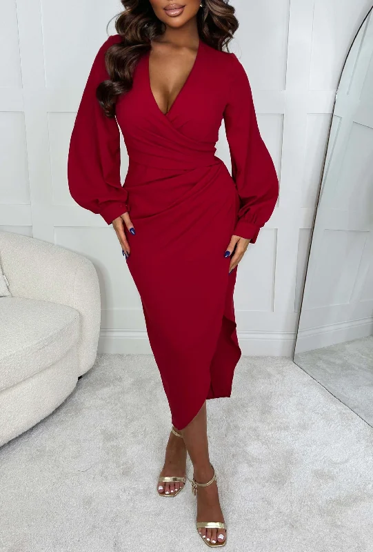 My Moment Red Long Sleeve Ruched Detail Midi Dress