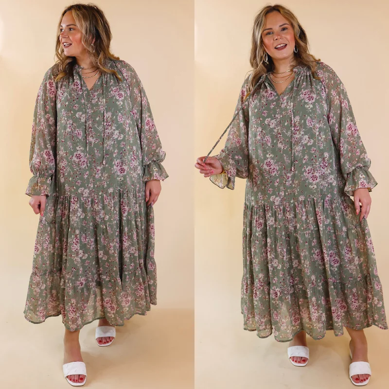 Tuscan Nights Long Sleeve High Neck Floral Midi Dress in Sage