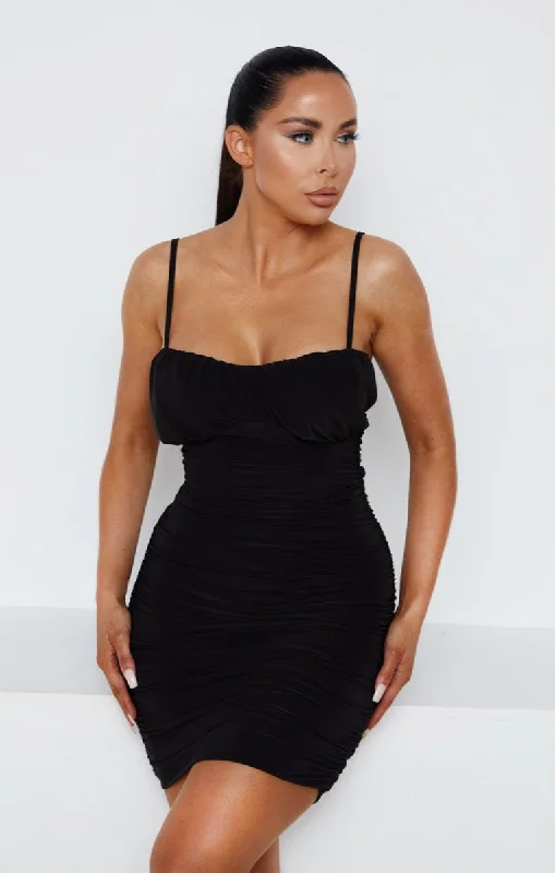 Black Slinky Ruched Bust Detail Strappy Bodycon Mini Dress - Keyla