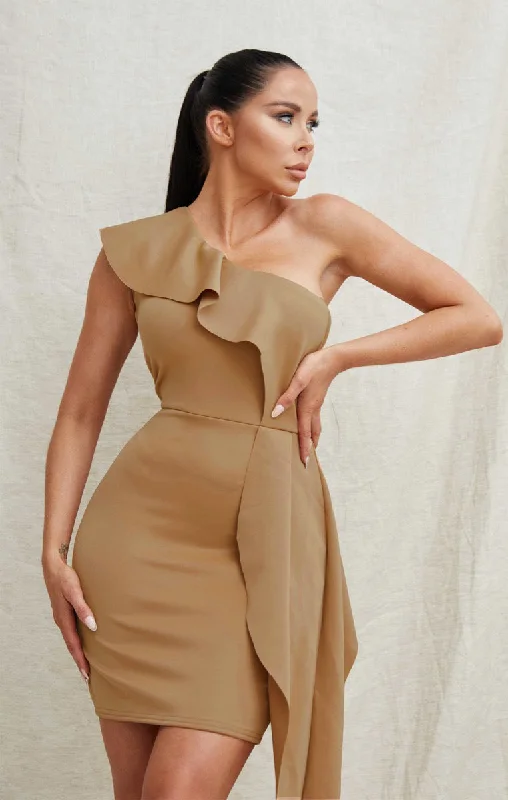 Mocha One Shoulder Bodycon Mini Dress - Livia