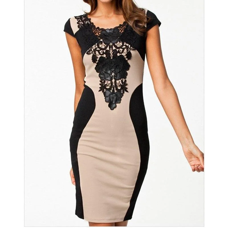 FashionSierra - Women Vintage Elegant Dress Round Neck Lace Package Hip Dress Sexy Backless Bodycon Mini Dress Glorious Sexy Short Sleeve Dress