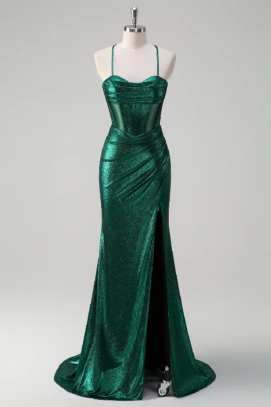 Glitter Dark Green Mermaid Corset Ruched Metallic Prom Dress with Slit