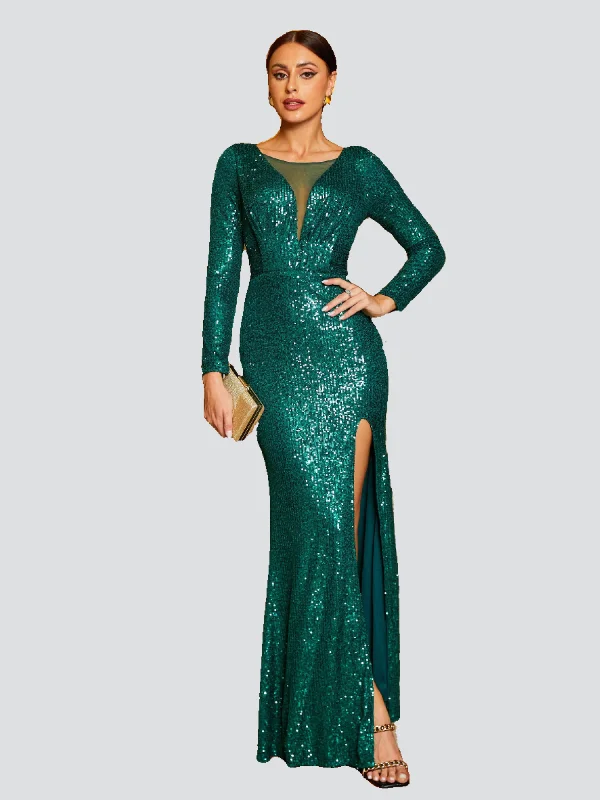 Formal V-Neck Sequin Green Prom Dress M02336