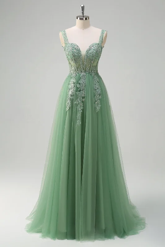 Green A-Line Spaghetti Straps Tulle Long Prom Dress with Appliques