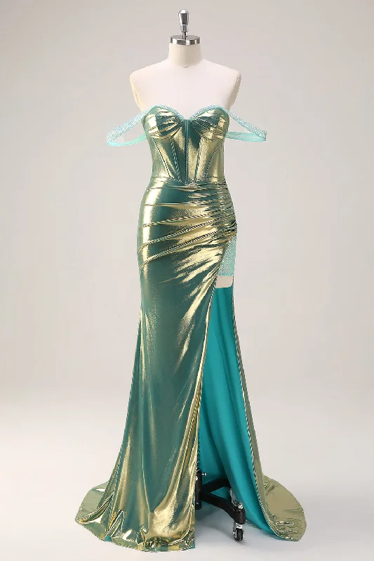 Green Off the Shoulder Mermaid Metallic Long Corset Prom Dress with Slit