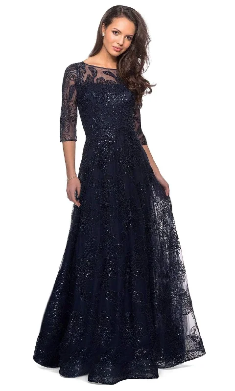 La Femme - 27942 Quarter Sleeve Sequined Lace A-Line Dress