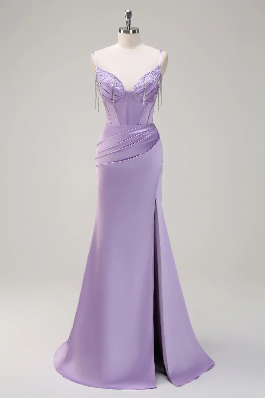 Lilac Mermaid Spaghetti Straps Ruched Corset Long Prom Dress With Beading