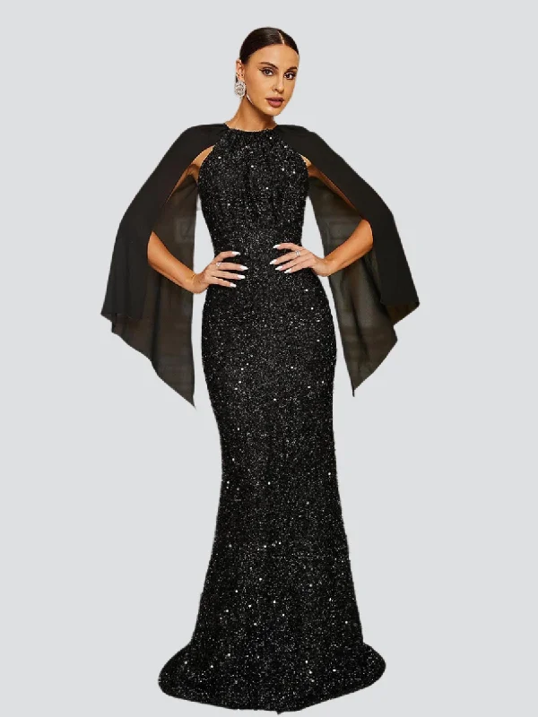 Mermaid Crew Neck Black Sequin Evening Dress RH30712