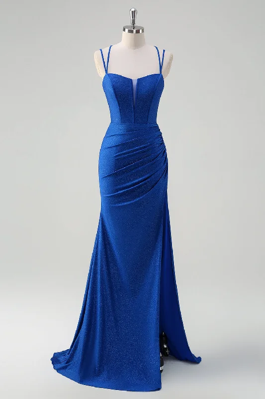 Royal Blue Mermaid Spaghetti Straps Corset Long Prom Dress With Slit