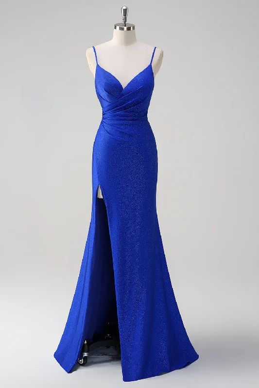 Glitter Royal Blue Mermaid Spaghetti Straps Ruched Long Prom Dress With Slit