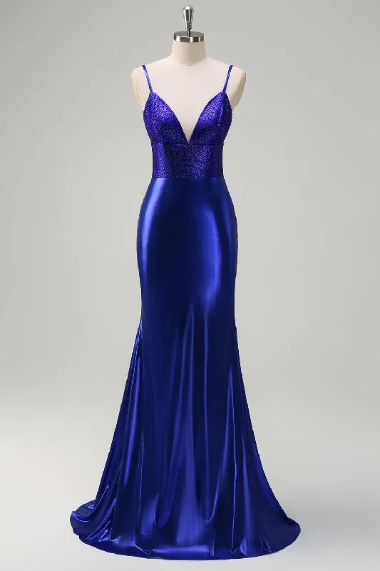 Royal Blue Mermaid V-Neck Beaded Satin Prom Dress With Open Back