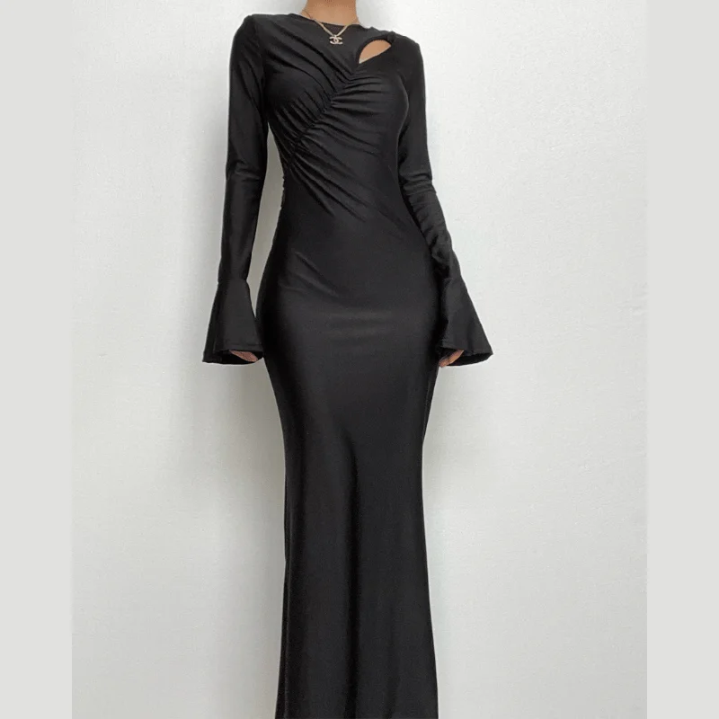 BerryBetty - Ruched solid hollow out irregular long sleeve maxi dress