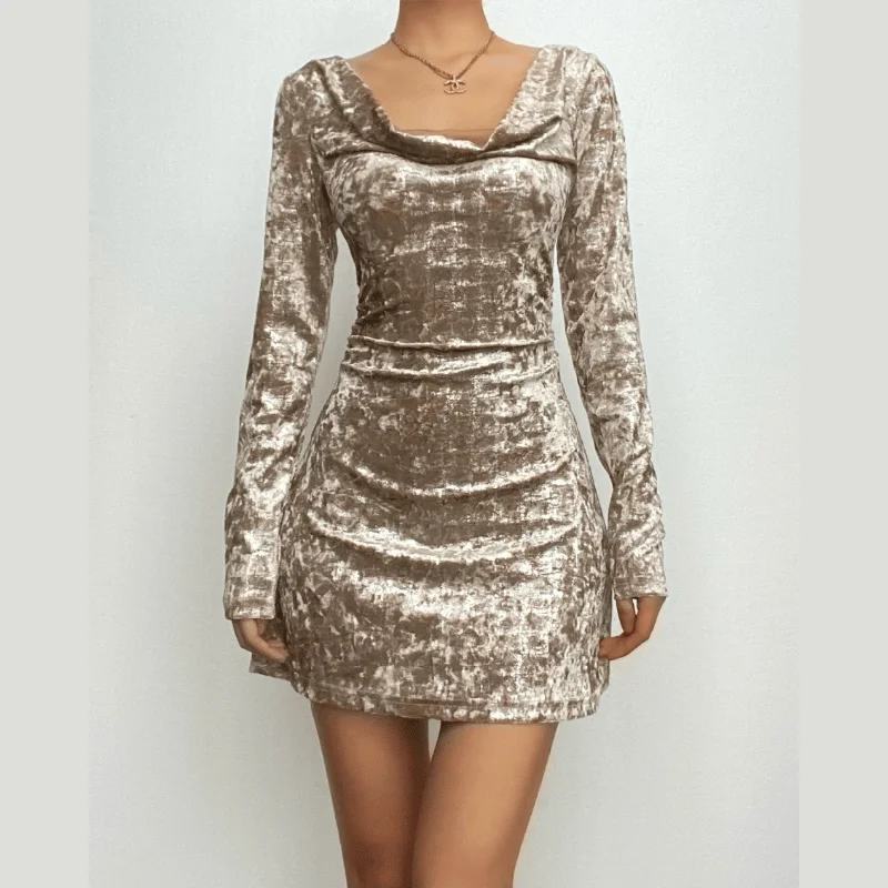 BerryBetty - Solid velvet cowl neck hollow out long sleeve mini dress