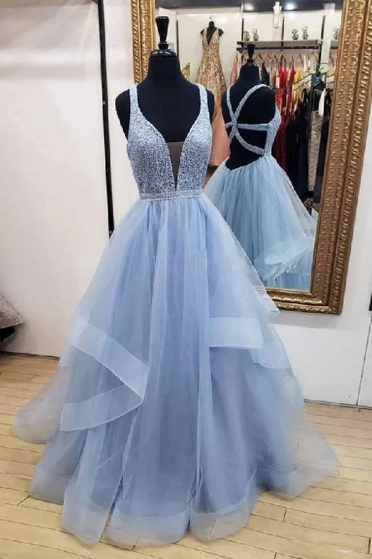 A-line Blue Long Prom Dresses Deep V Neck Tulle Party Dresses PG900