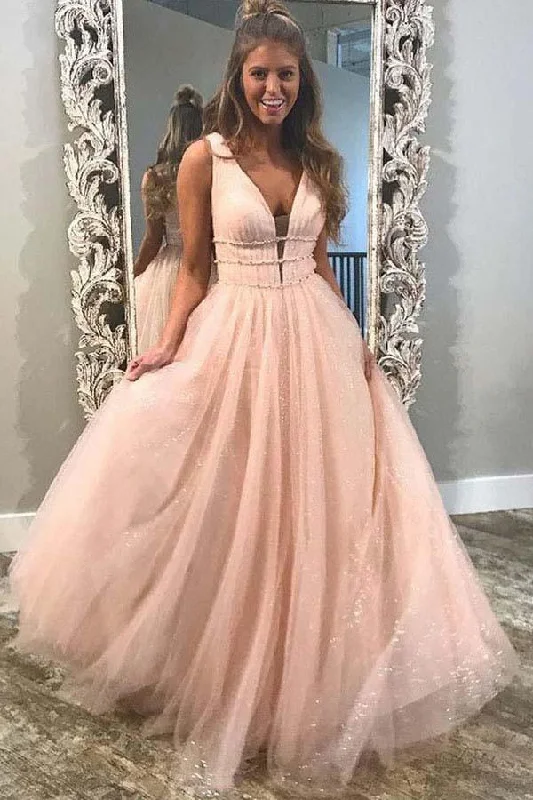 A-Line Deep V-Neck Sweep Train Pink Tulle Backless Prom Dress with Beading PG878