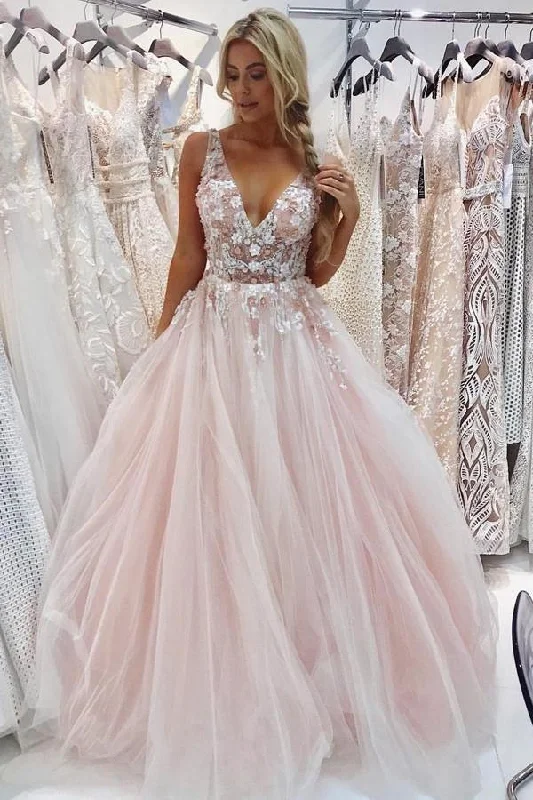 Charming V-Neck Floor-Length Pink Tulle Prom Dress with Appliques Beading PG899