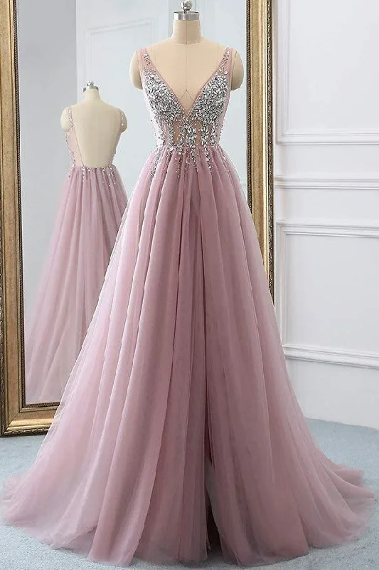 Dusty Pink Sparkly V Neck A Line Tulle Long Prom/Evening Dress  PG875