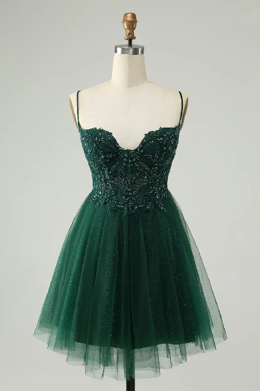 Glitter Dark Green A-Line Beaded Appliques Tulle Short Prom Dress