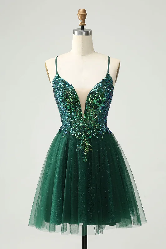 Glitter Dark Green A-Line Sequined Appliques V Neck Party Dress