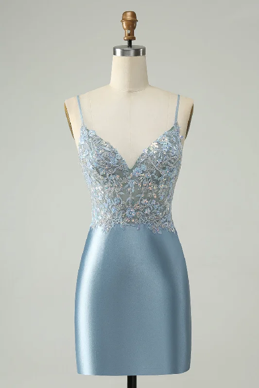 Glitter Dusty Blue Beaded Floral Tight Satin Short Prom Dress