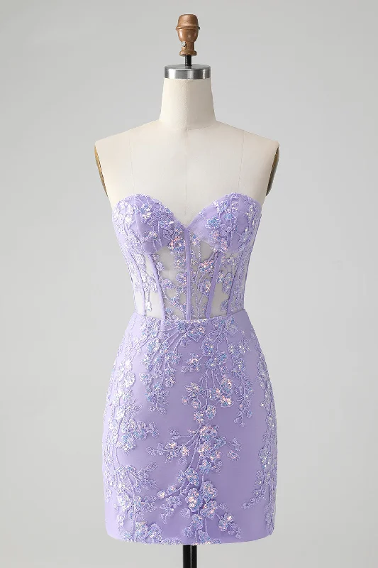 Glitter Lilac Sweetheart Tight Embroidery Party Dress