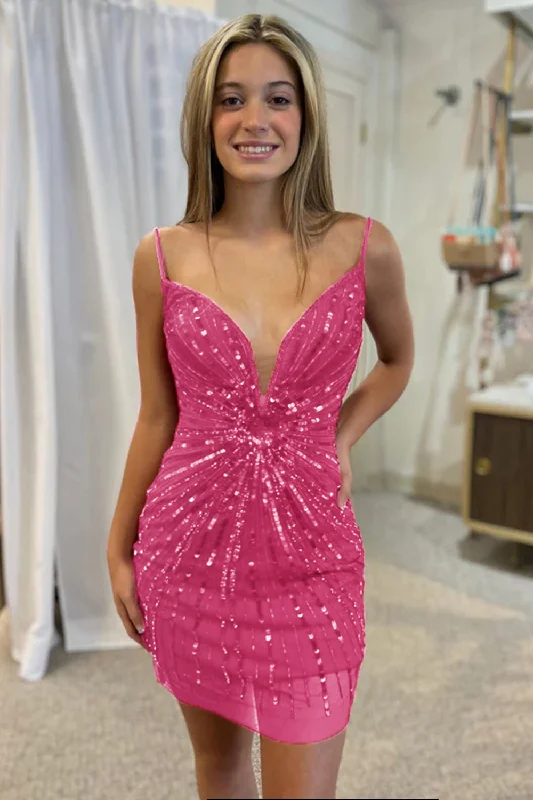 Glitter Fuchsia Tight Sequind Spaghetti Straps Short Prom Dress