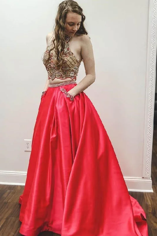 Sparkly Two Piece Beaded Satin Red High Neck Long Prom Dress  PG866