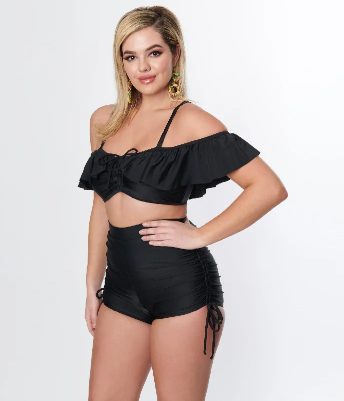 Unique Vintage Black Ruffle Swim Top