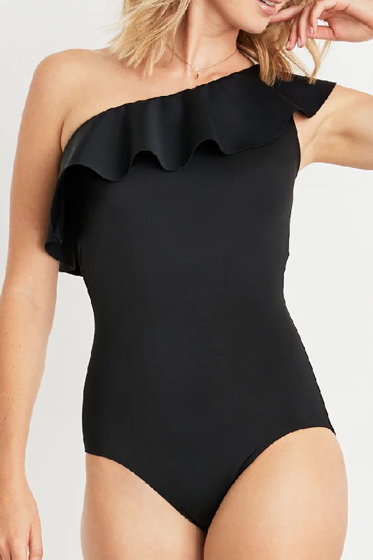 Vanessa Ruffle One Shoulder One-piece Swimsuit in Black